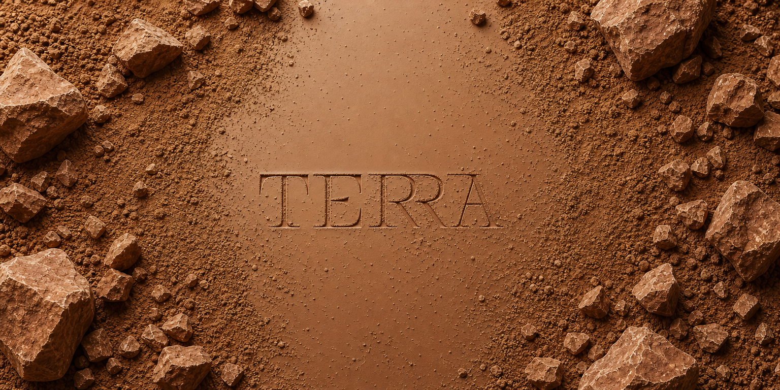 El nombre Terra grabado en relieve sobre tierra y piedras