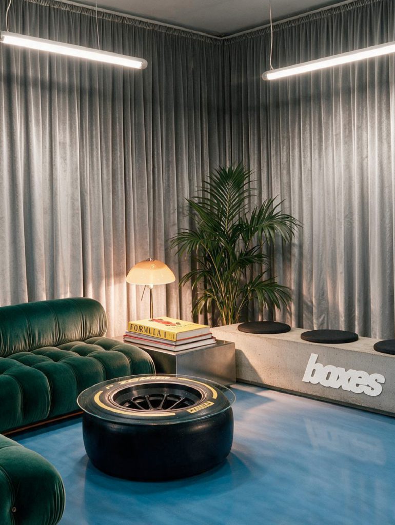 Zona de descanso del pop-up Boxes con cortinas e iluminación cálida, Grand Prix Madrid 2026